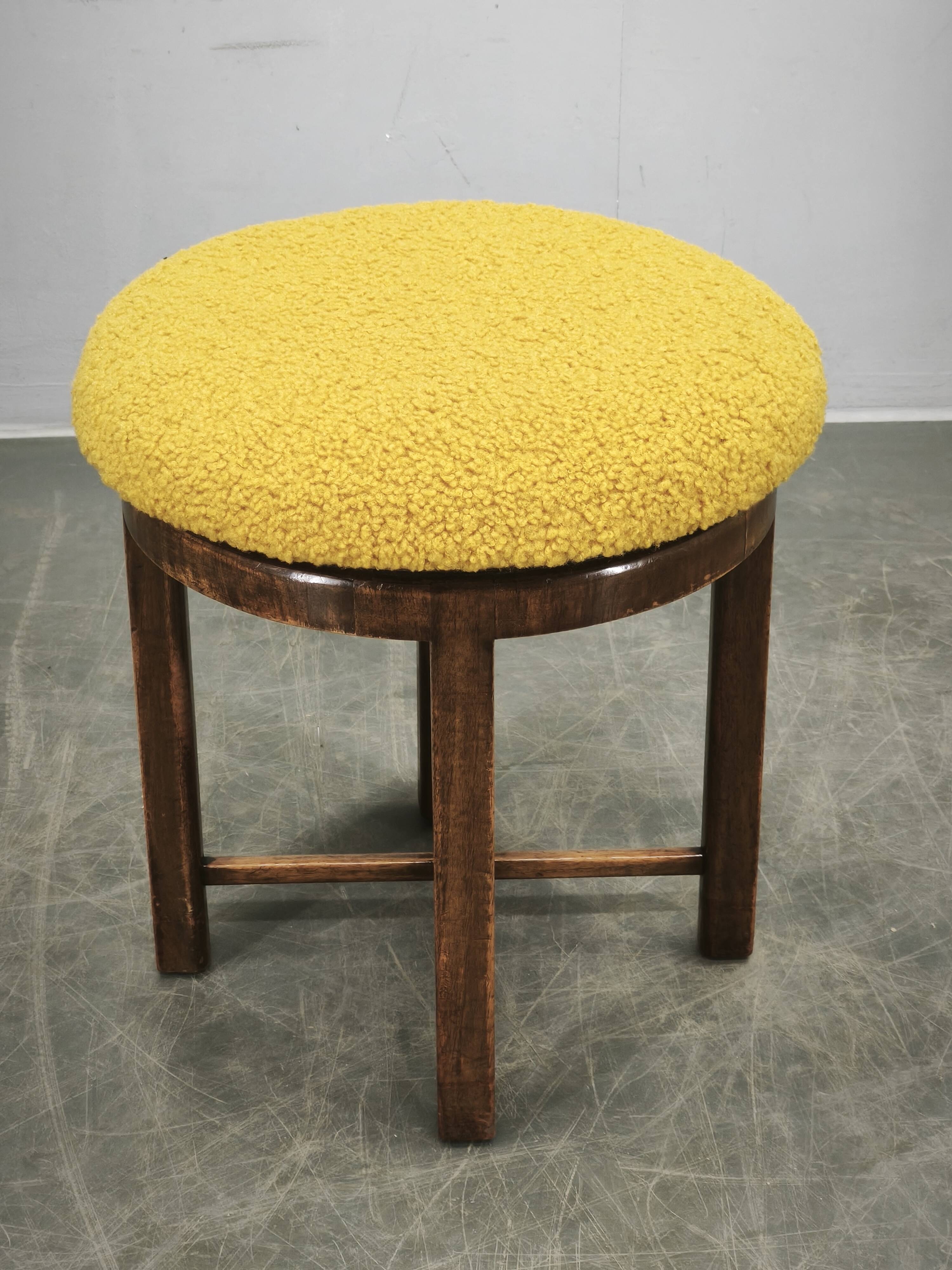 1930s Czech Art Deco Beechwood Stool with Bouclé Upholstery