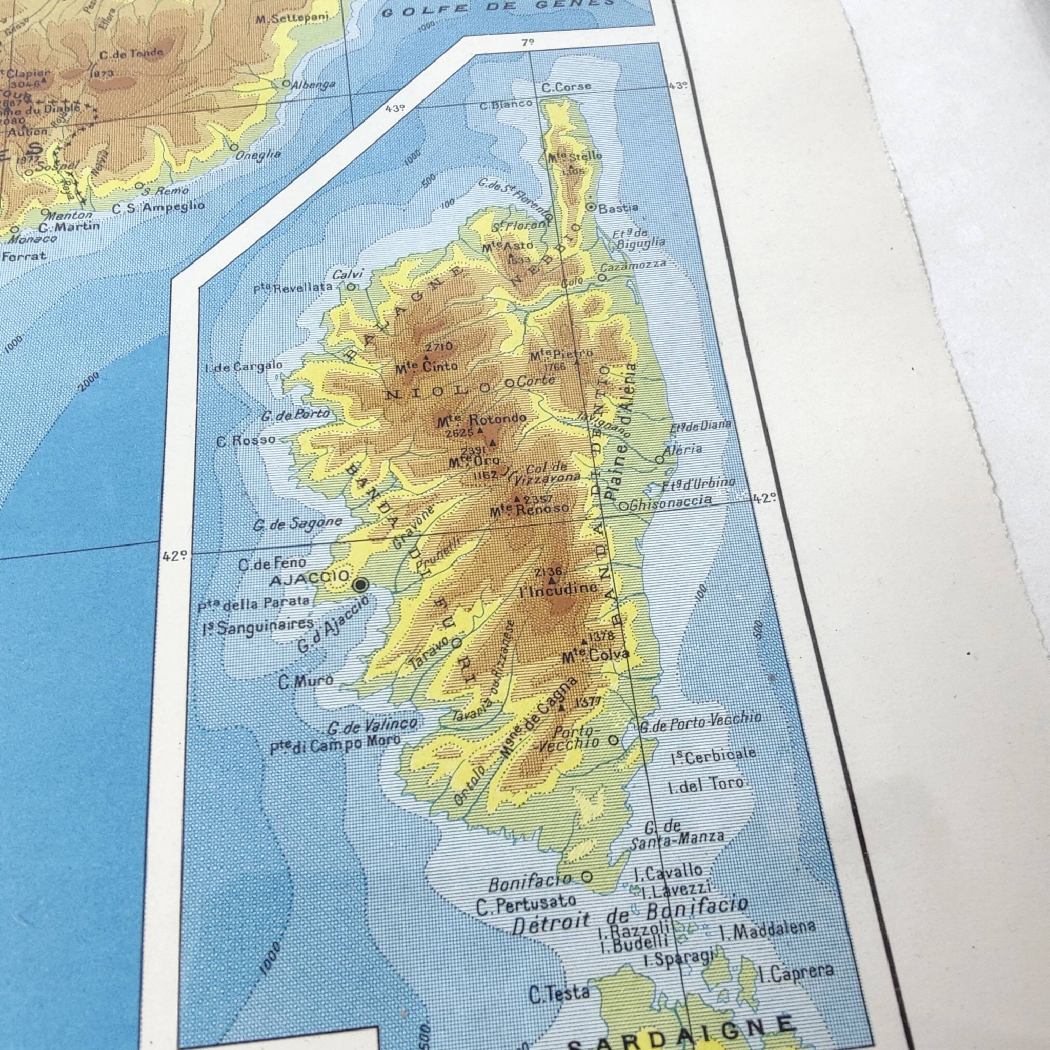 Vintage map of Corsica and southern Mediterranean France, 43x43cm from 1950.