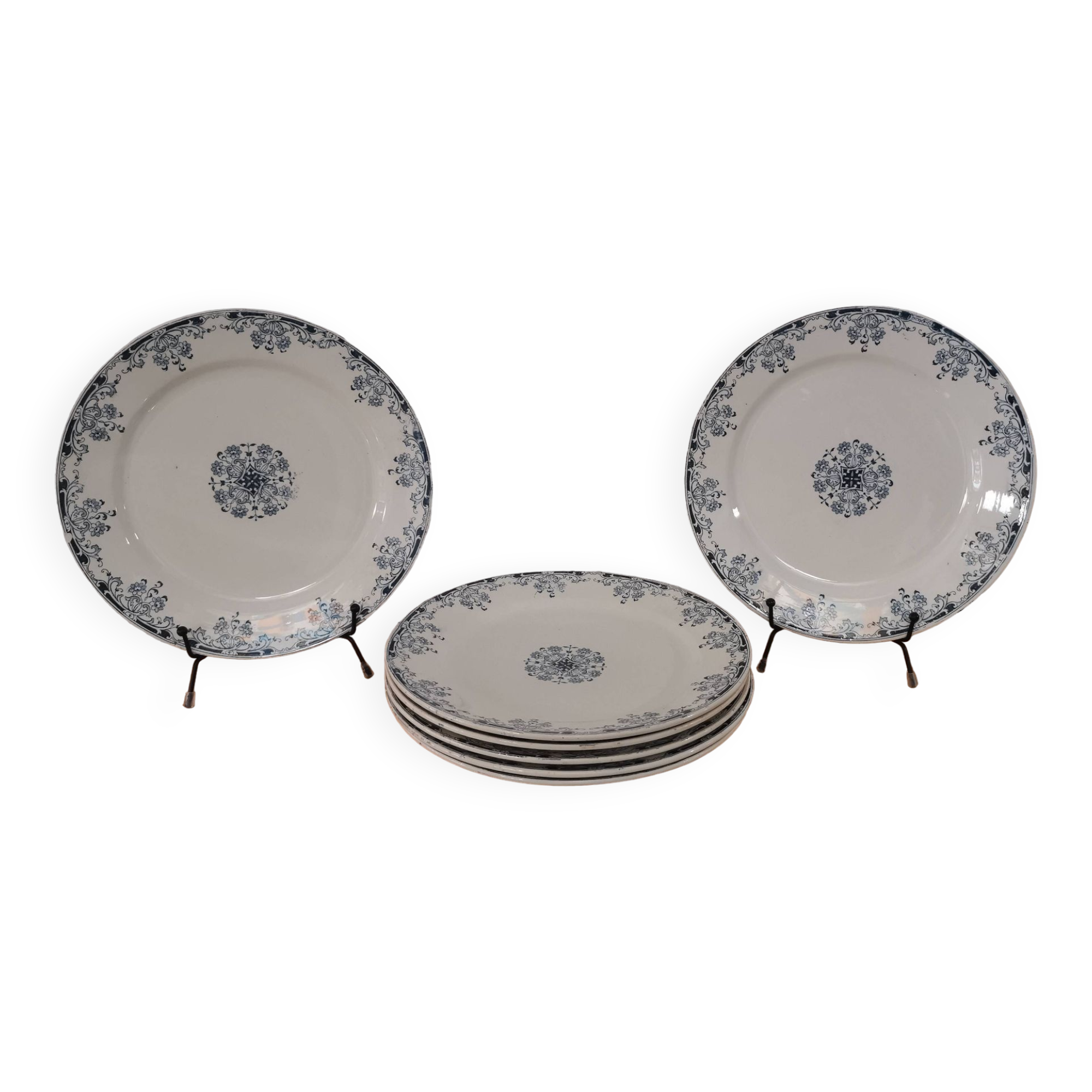 6 Flat plates in blue/green iron clay model “Mignon”, H & Cie Sarreguemines