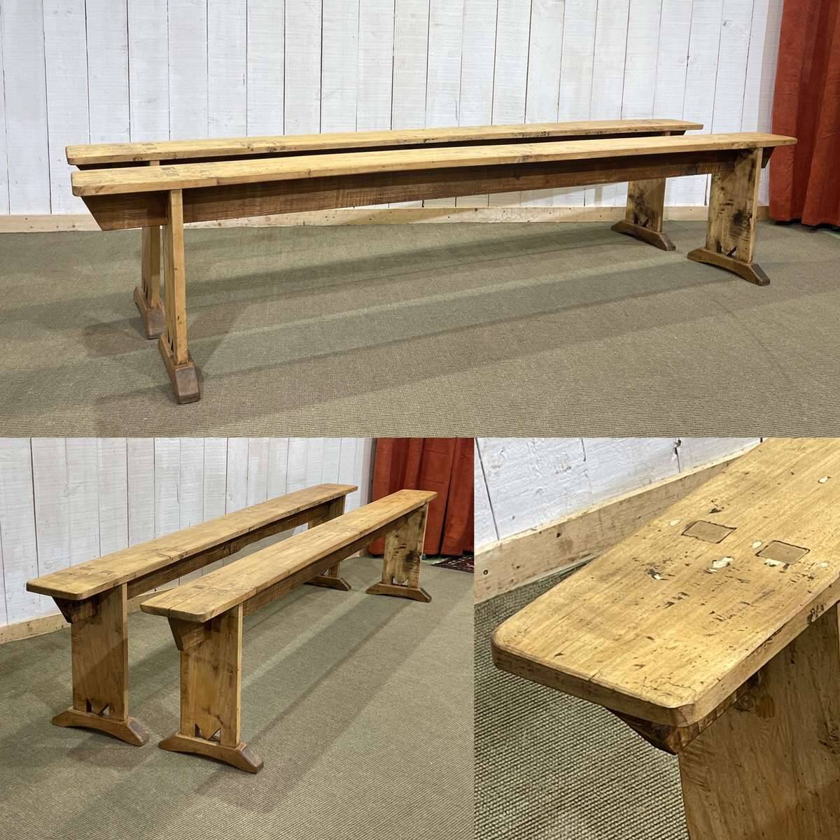 Pair of farmhouse table benches in poplar from the early 20th century.
