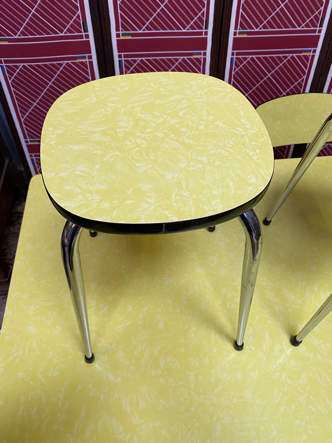 Roger Breton yellow formica set for Tublac, table, 6 chairs, 2 stools, 60s