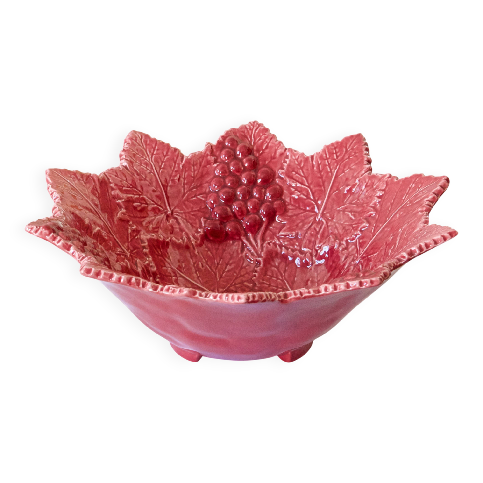 Vine leaf raspberry majolica centrepiece bowl