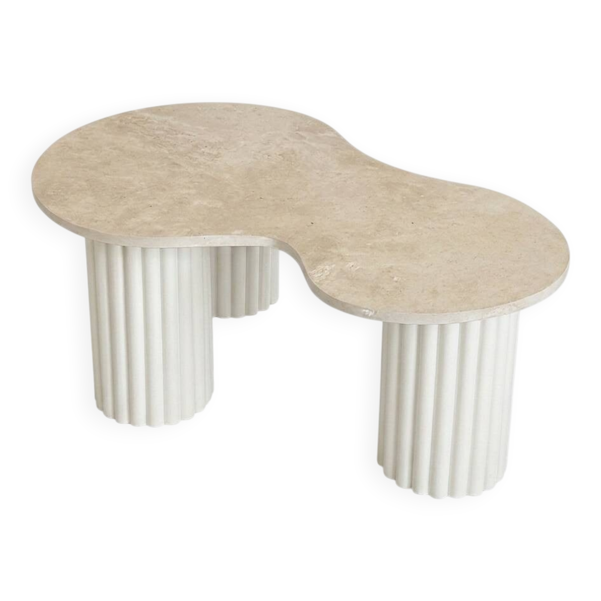 "Pear" coffee table in travertine and fluted wood | white oak | 3 legs