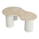 "Pear" coffee table in travertine and fluted wood | white oak | 3 legs