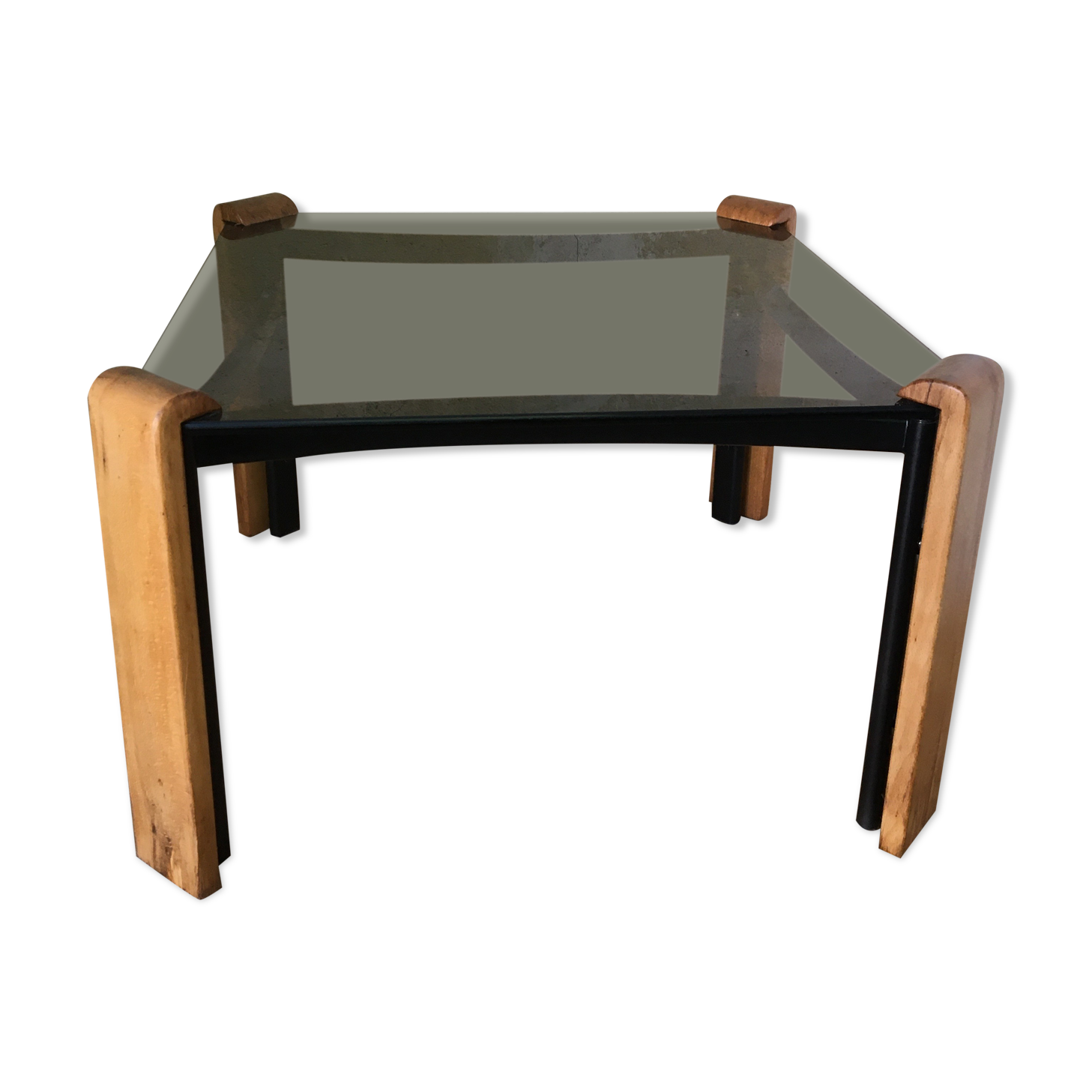 Scandinavian coffee table in smoked glass square metal/wood legs