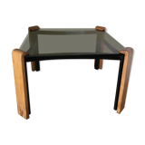 Table basse scandinave en verre fumé carrée pieds métal/bois