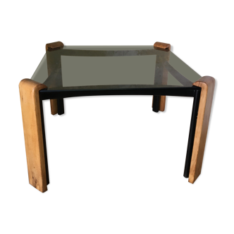 Table basse scandinave en verre fumé carrée pieds métal/bois