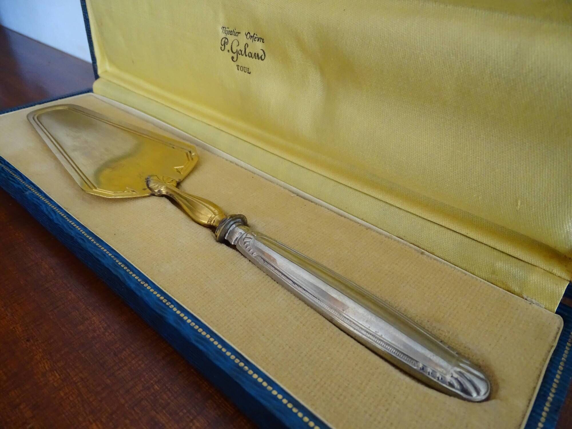 Antique silver and gilded metal pie shovel in case