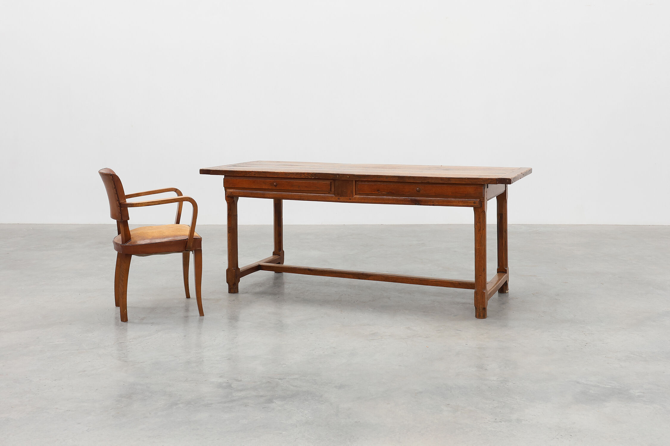 Rustic 19th century oak dinner table with drawers opening laterally, France