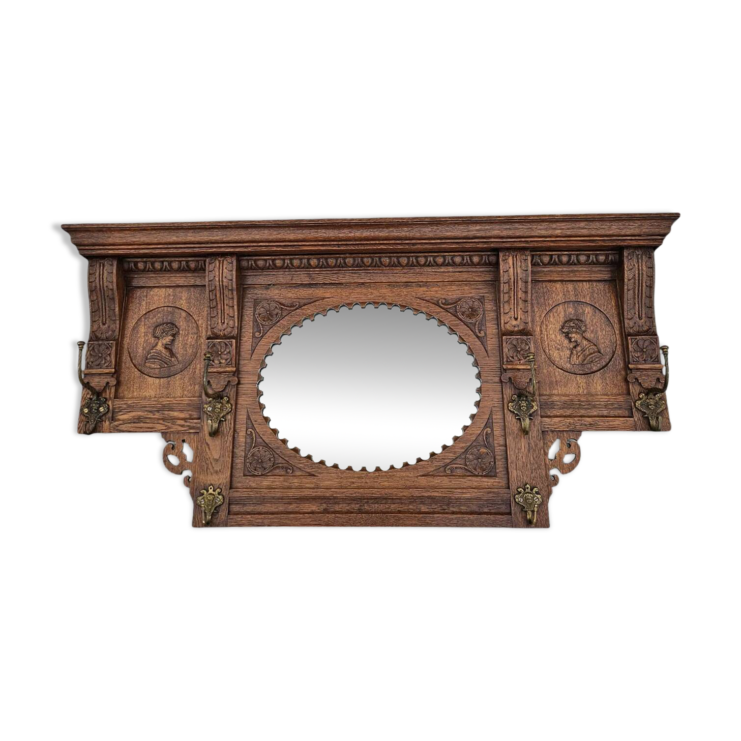 Dutch entryway wall coat rack / solid wood / carved decorations and mirror in the center / 1950s