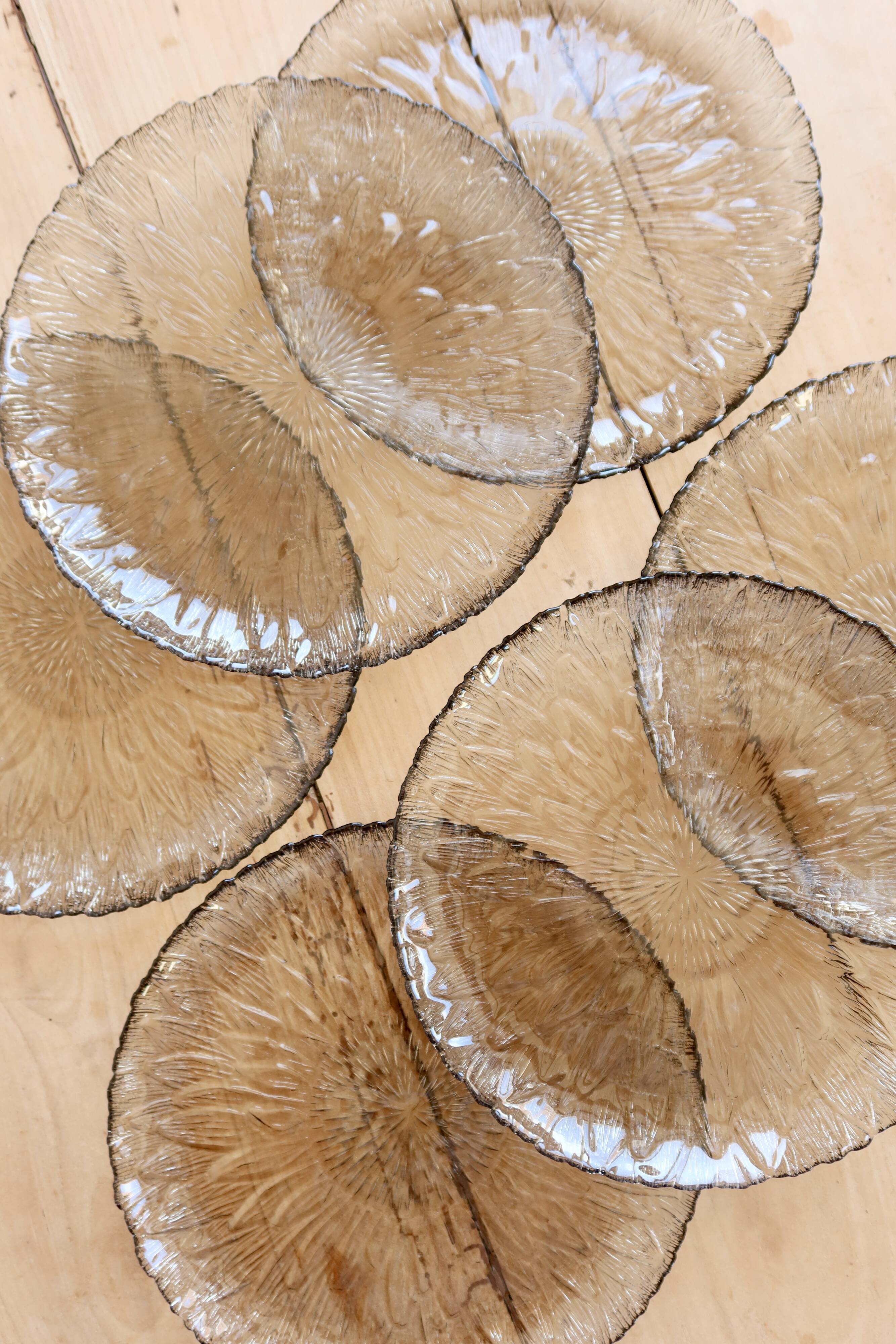 6 vintage dessert plates in smoked glass – Floral relief petal effect