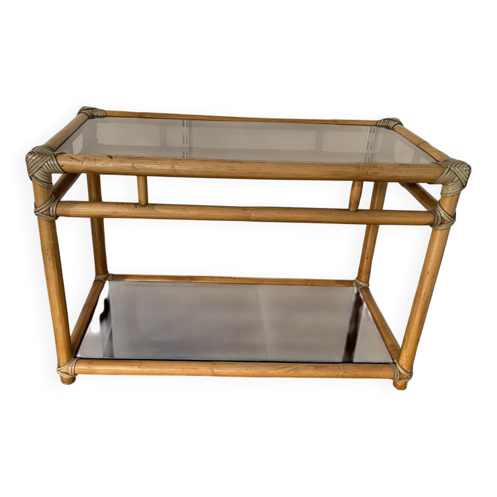 Vintage 1950s rattan and glass TV storage unit.