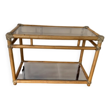 Vintage 1950s rattan and glass TV storage unit.