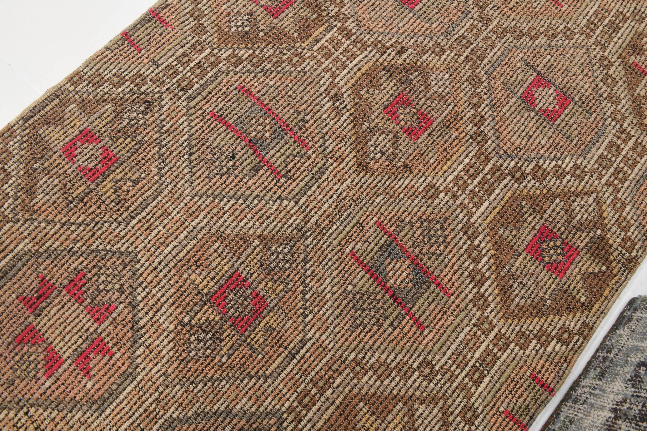3x9 Faded Brown & Red Geometric Style Rug, Vintage Kilim Rug, 92x280Cm