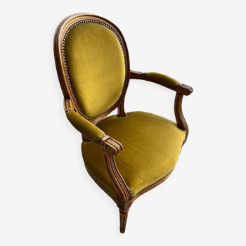 Voltaire style armchair in walnut and mustard velvet