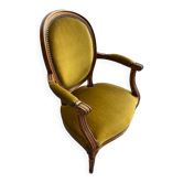 Voltaire style armchair in walnut and mustard velvet