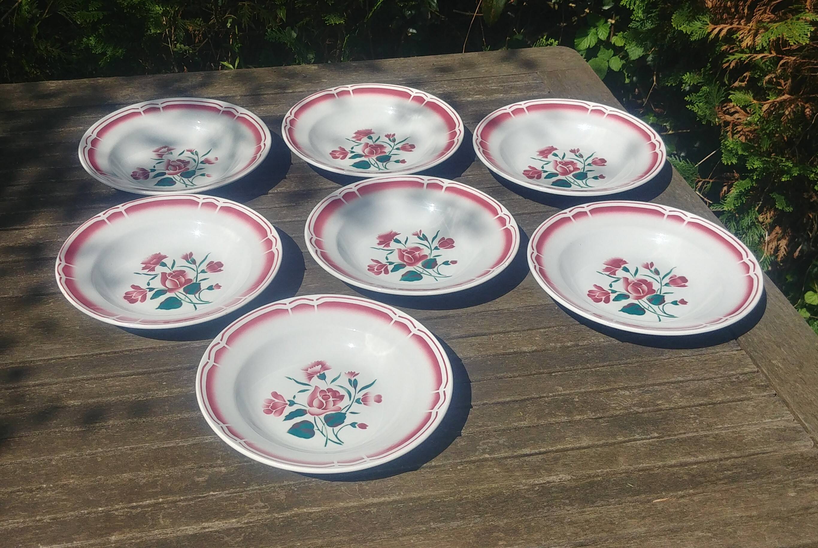 Lot of seven old soup plates from the 40s/50s decorated with roses