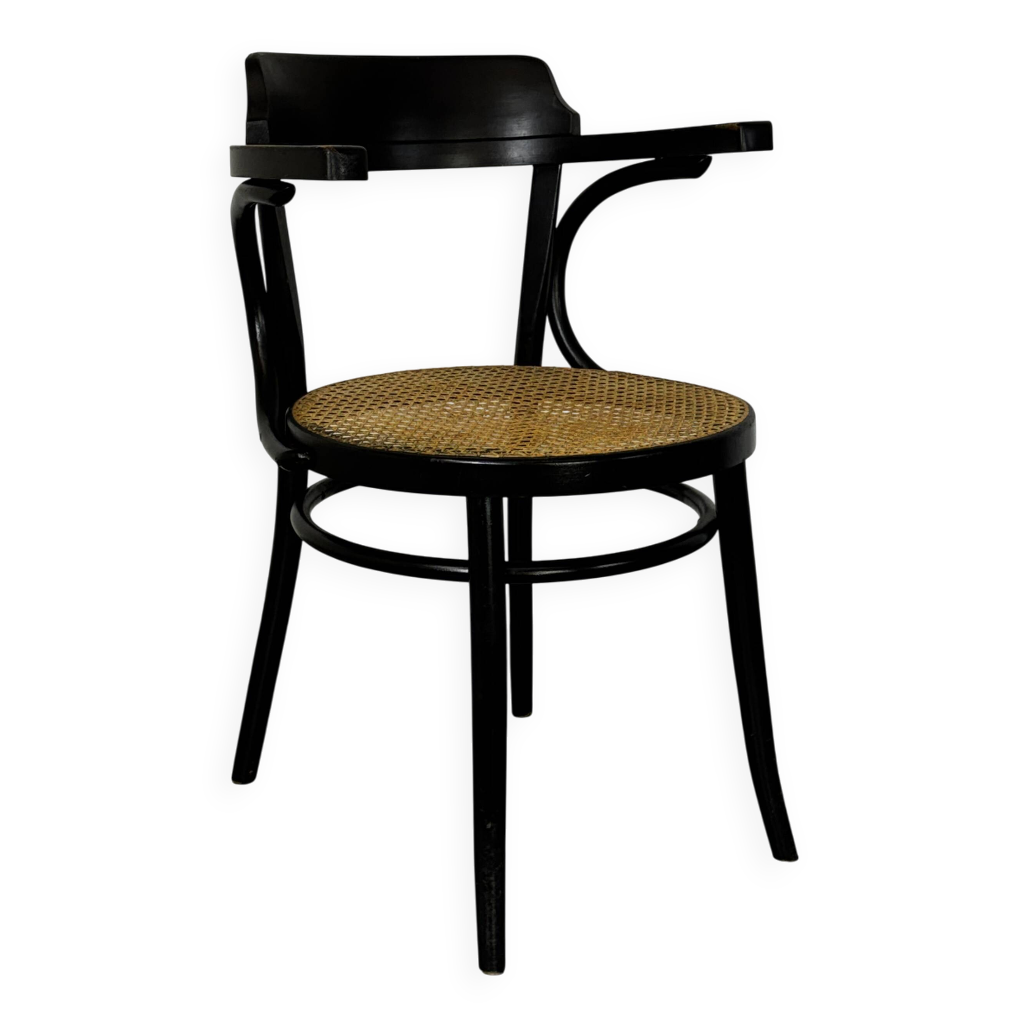 Bentwood mod 233 Black Desk Chair with Rattan Seat by Thonet, 1930s