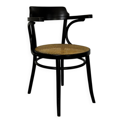 Chaise de bureau mod 233 en bois cintré noire avec assise en rotin par Thonet, années 1930