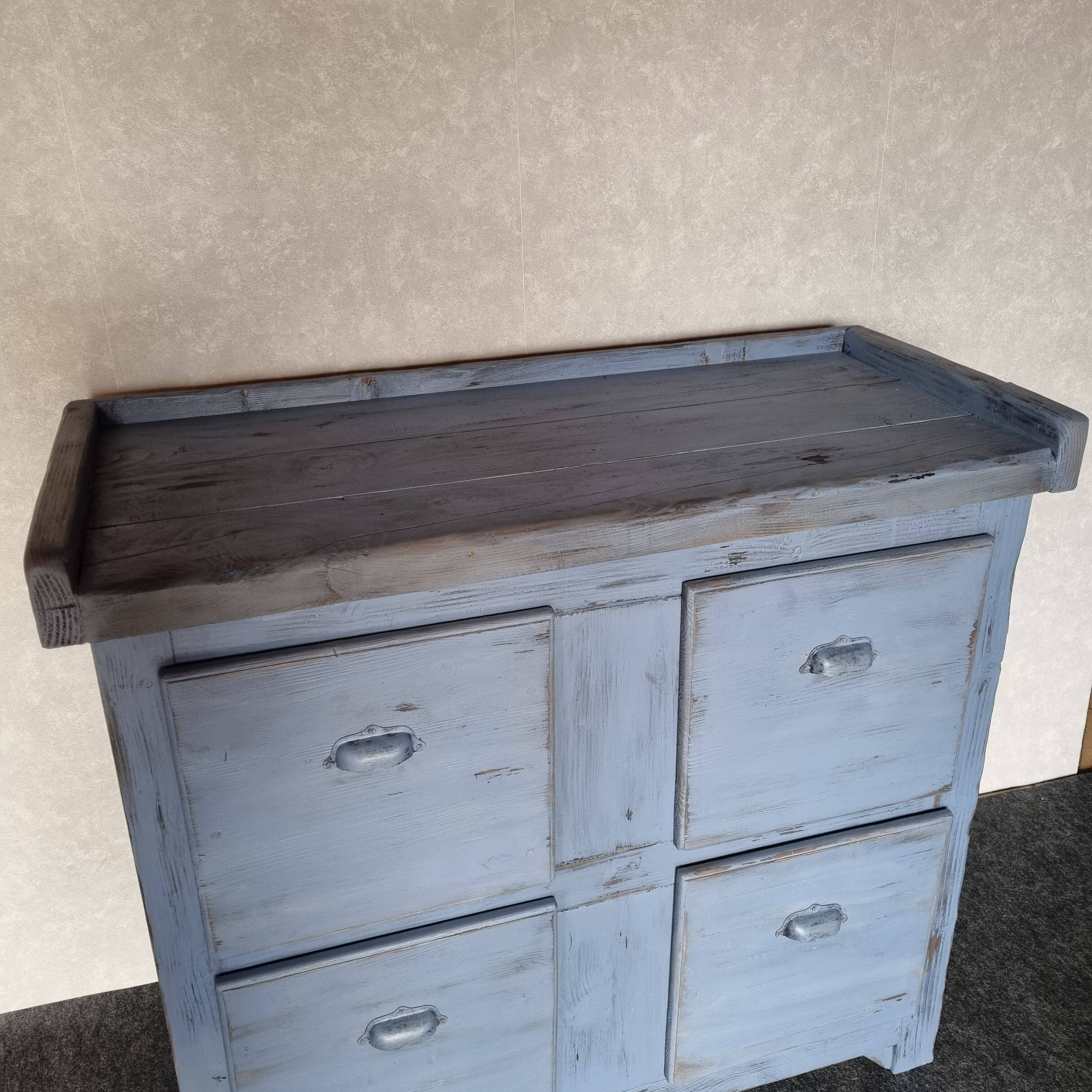 Meuble de metier établi années 40 patiné bleu