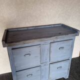 Meuble de metier établi années 40 patiné bleu