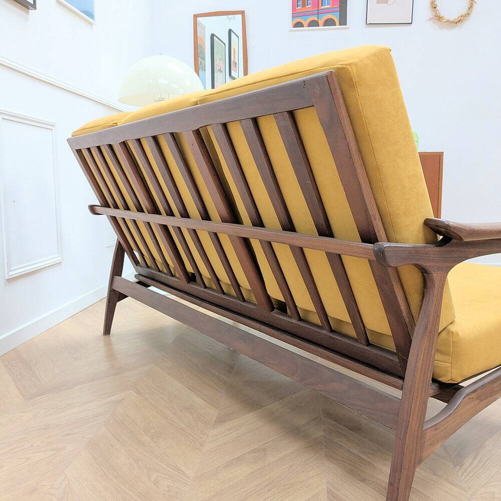 Second-hand Danish teak canapé, reupholstered in yellow, 1960s.