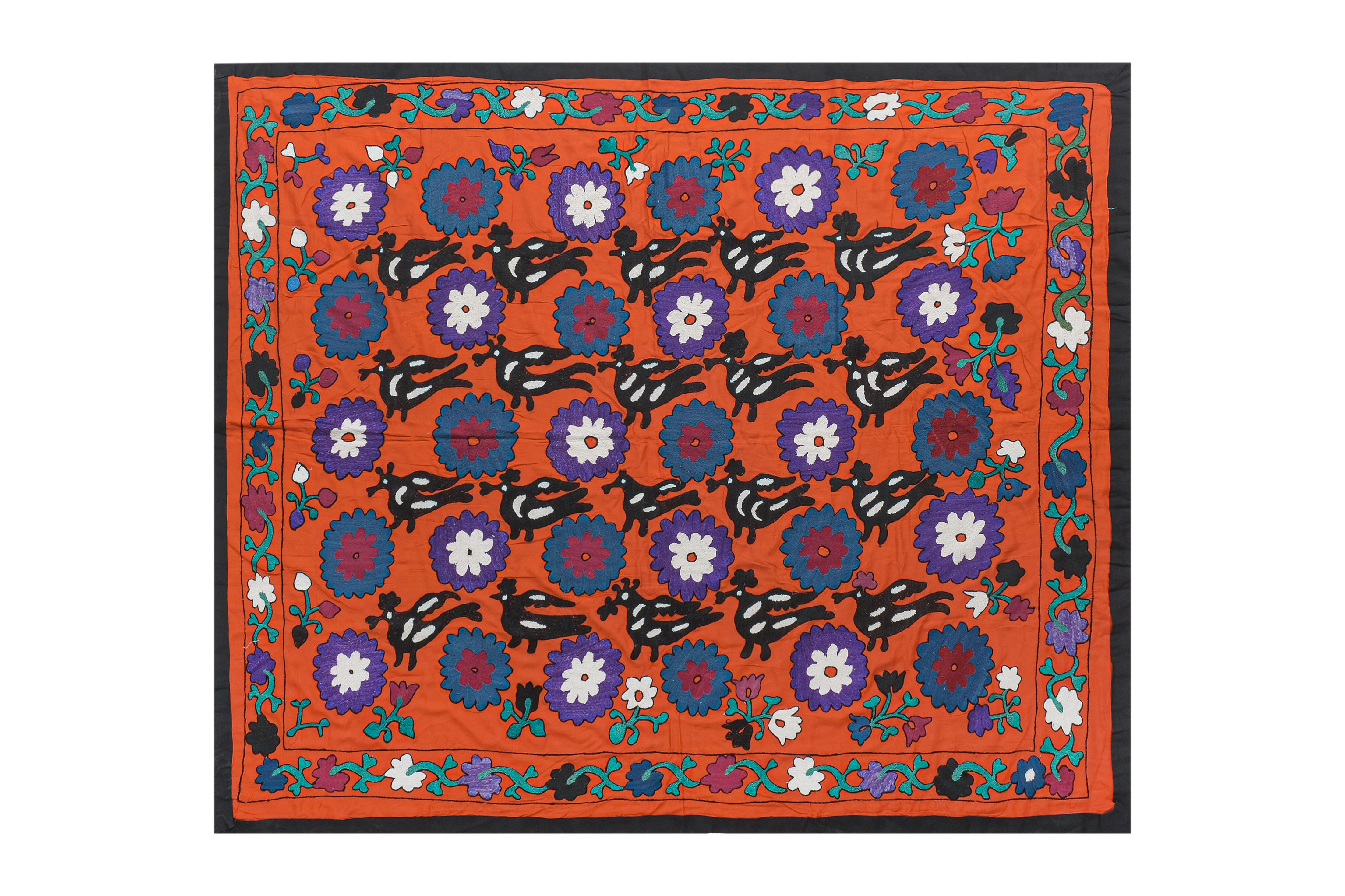 1970s folk art suzani with mythological birds, animal red uzbekistan wall decor