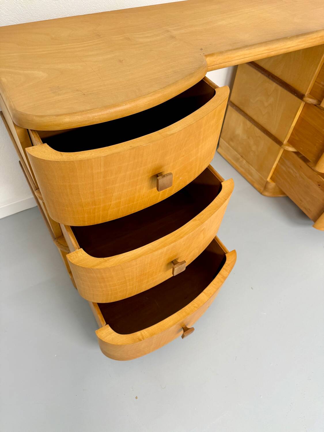 Old beech desk in art deco style with drawer, vintage 60s