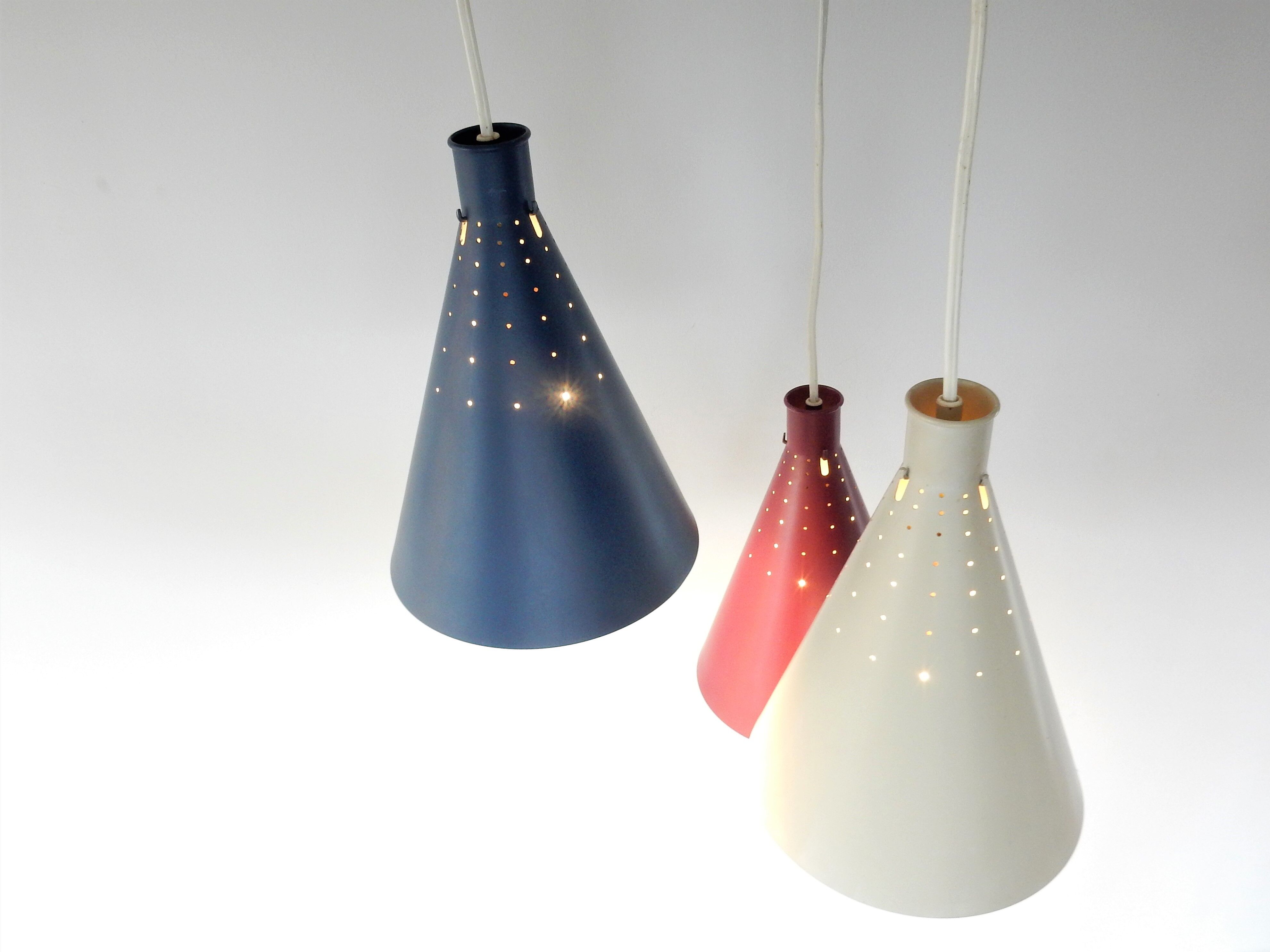 Rare set of 3 conical pendant lamps by Alf Svensson for Bergboms, Sweden 1950's, 2 available