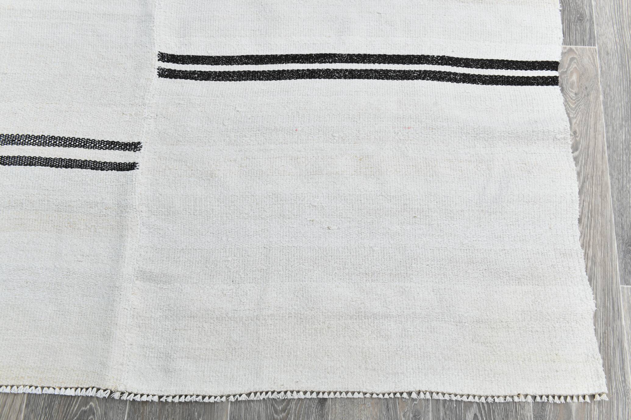 %100 Wool Beige & Black Striped Vintage Kilim Rug, 309x366 Cm
