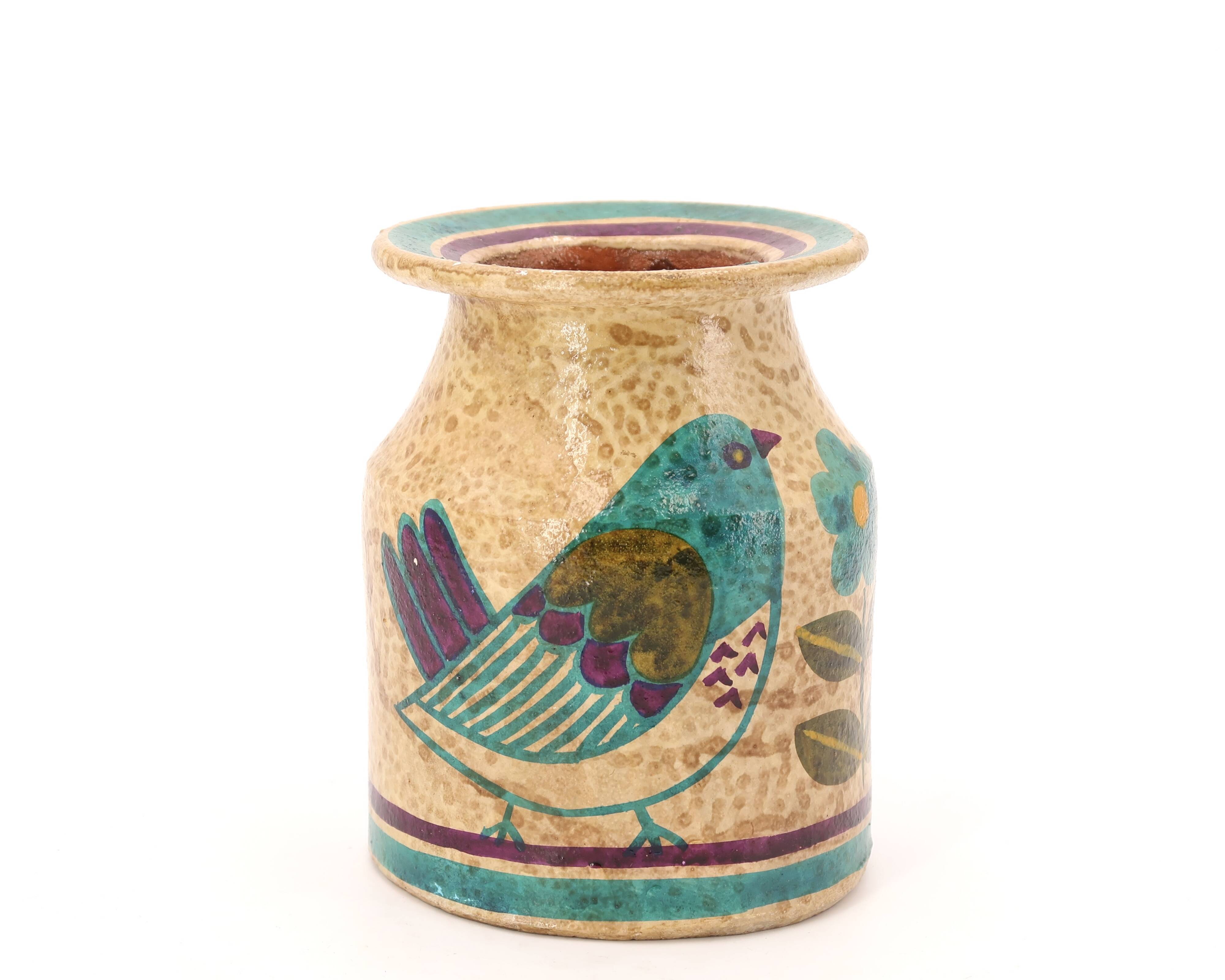Vase Carmo Saude en céramique décor oiseaux et fleurs, années 70