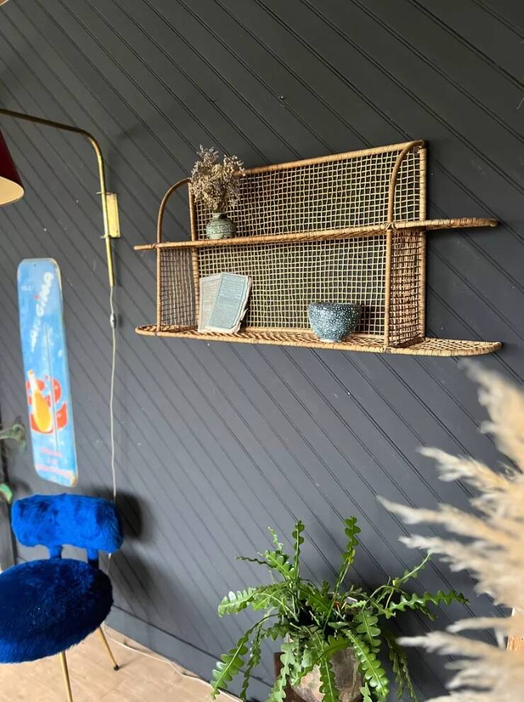 Steel and wicker wall shelf