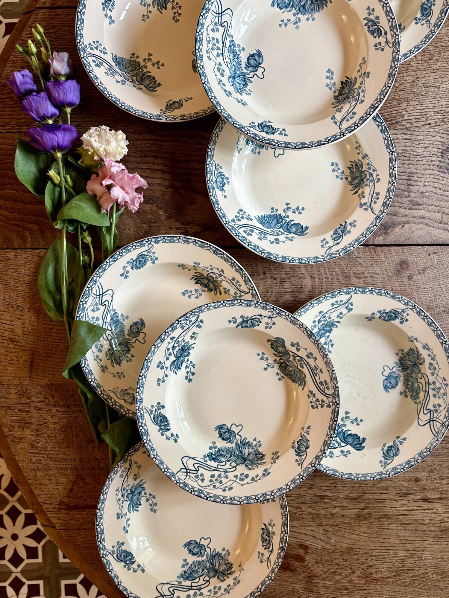 Set of 8 antique deep plates in ironstone, Royat from Sarreguemines.