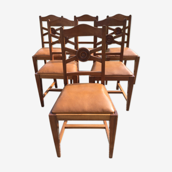 Vintage art deco chairs in teak and seats in Skaï Brown
