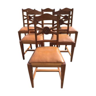 Vintage art deco chairs in teak and seats in Skaï Brown