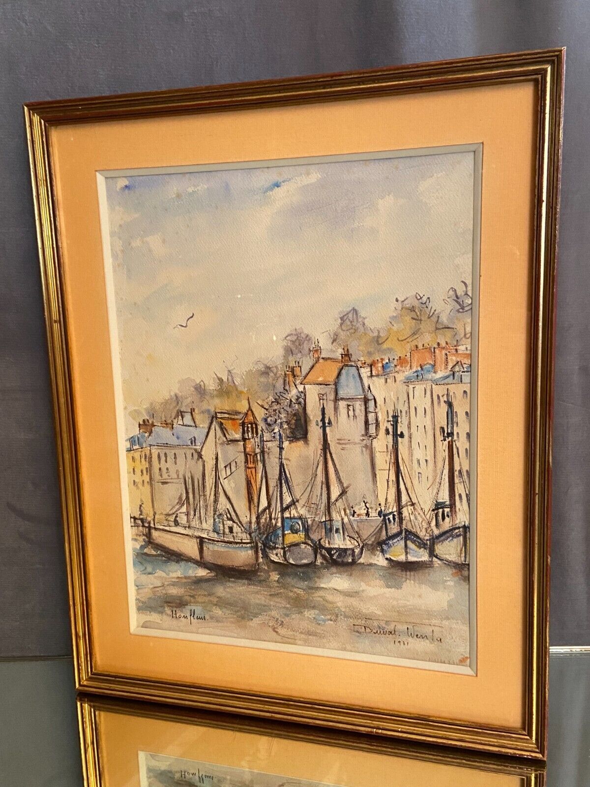 Watercolor signed Simone Duval-Wenta 1934-2015 view of Honfleur