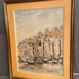 Watercolor signed Simone Duval-Wenta 1934-2015 view of Honfleur