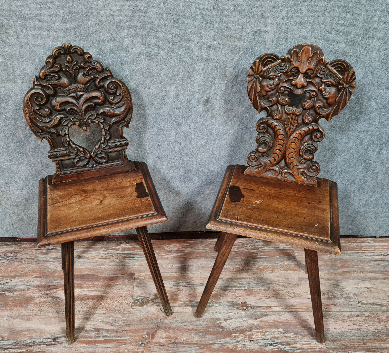 Set of chairs called Sgabello Renaissance style in solid walnut around 1850