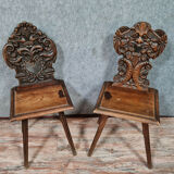 Set of chairs called Sgabello Renaissance style in solid walnut around 1850