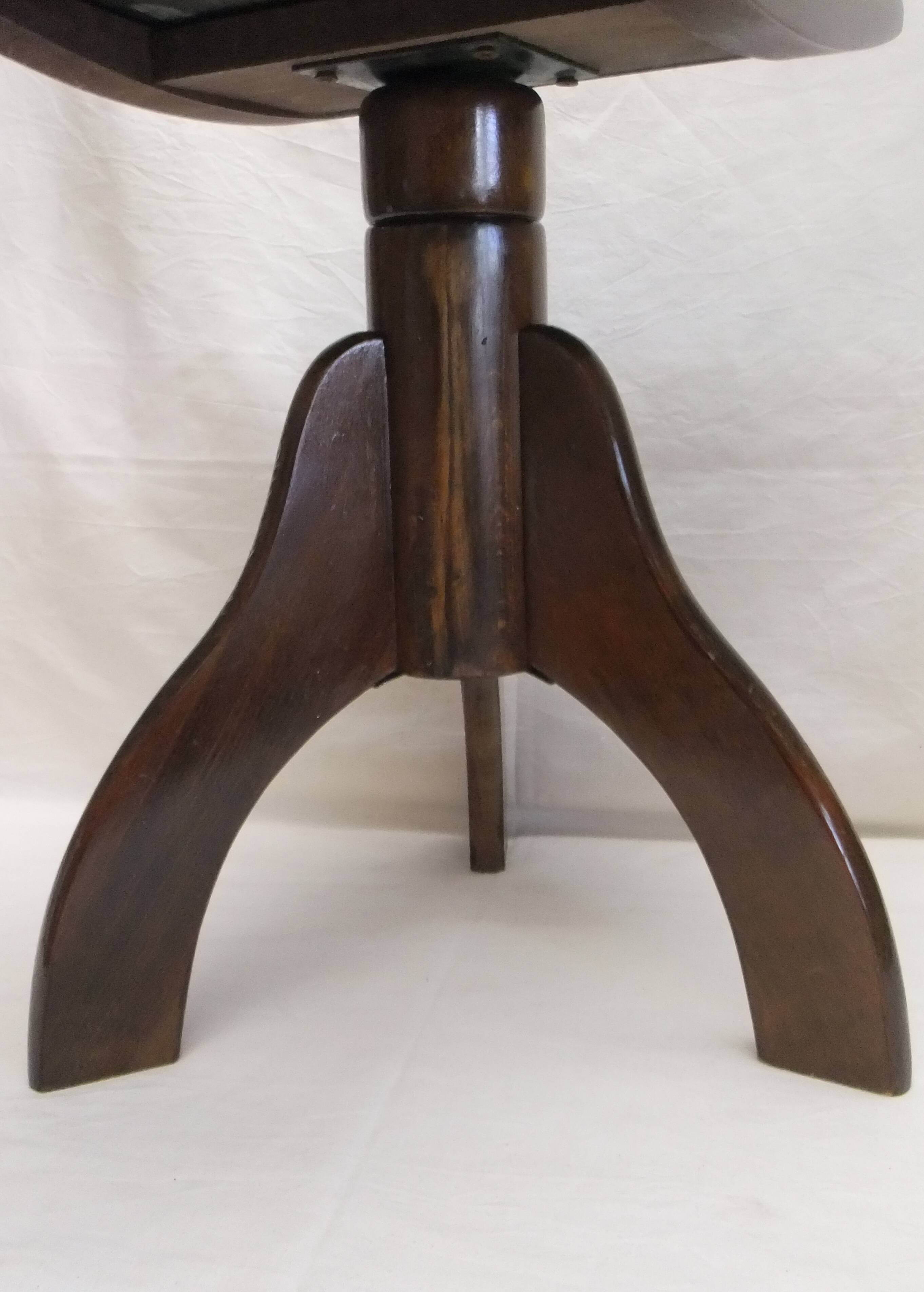 Piano stool bench old wooden tripod foot mustard velvet top