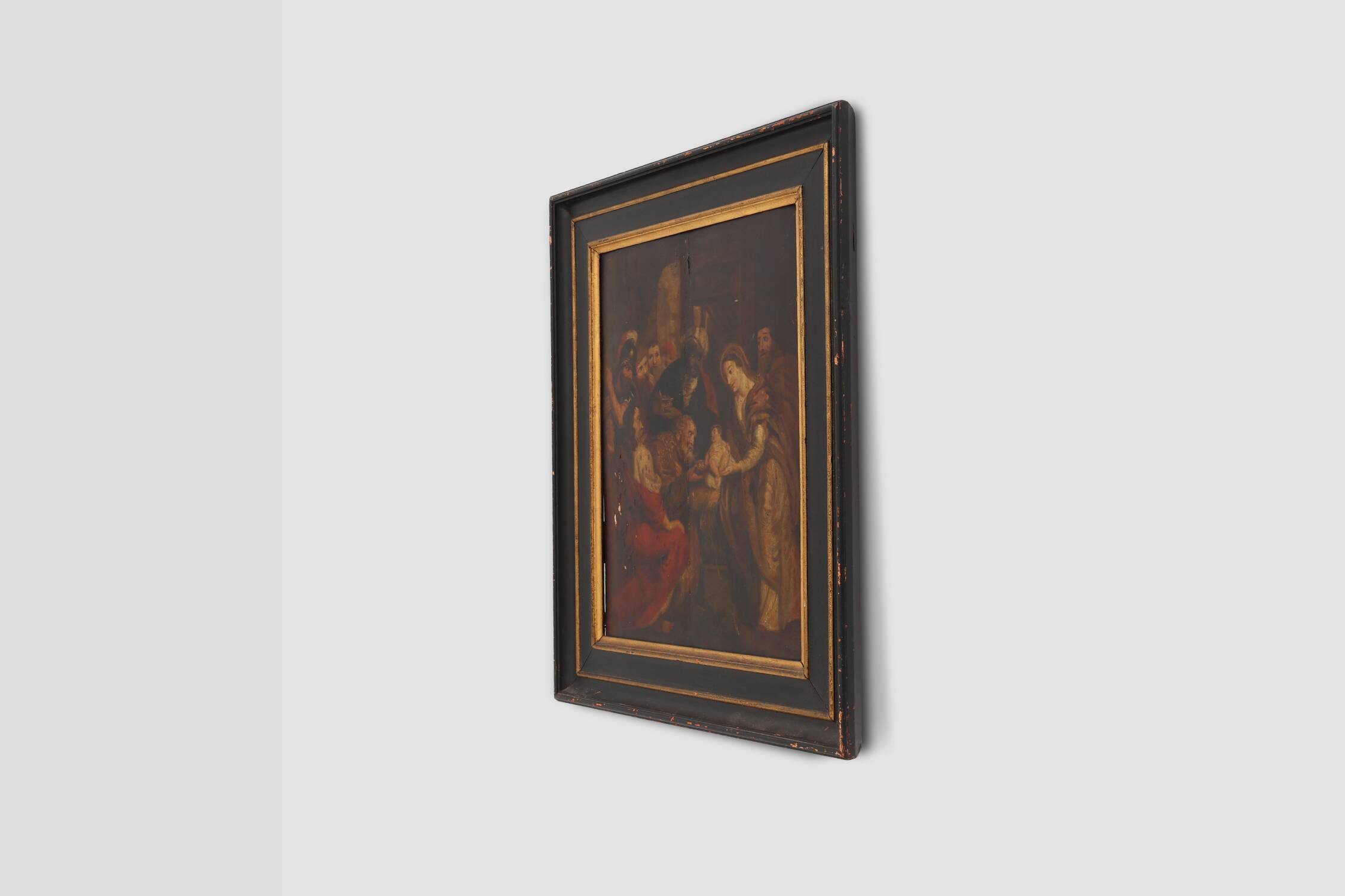 Flemish 18th century framed religious oil on wood painting Adoration of the