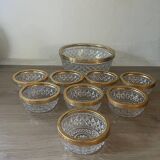 Salad bowl and cups in cut glass and brass