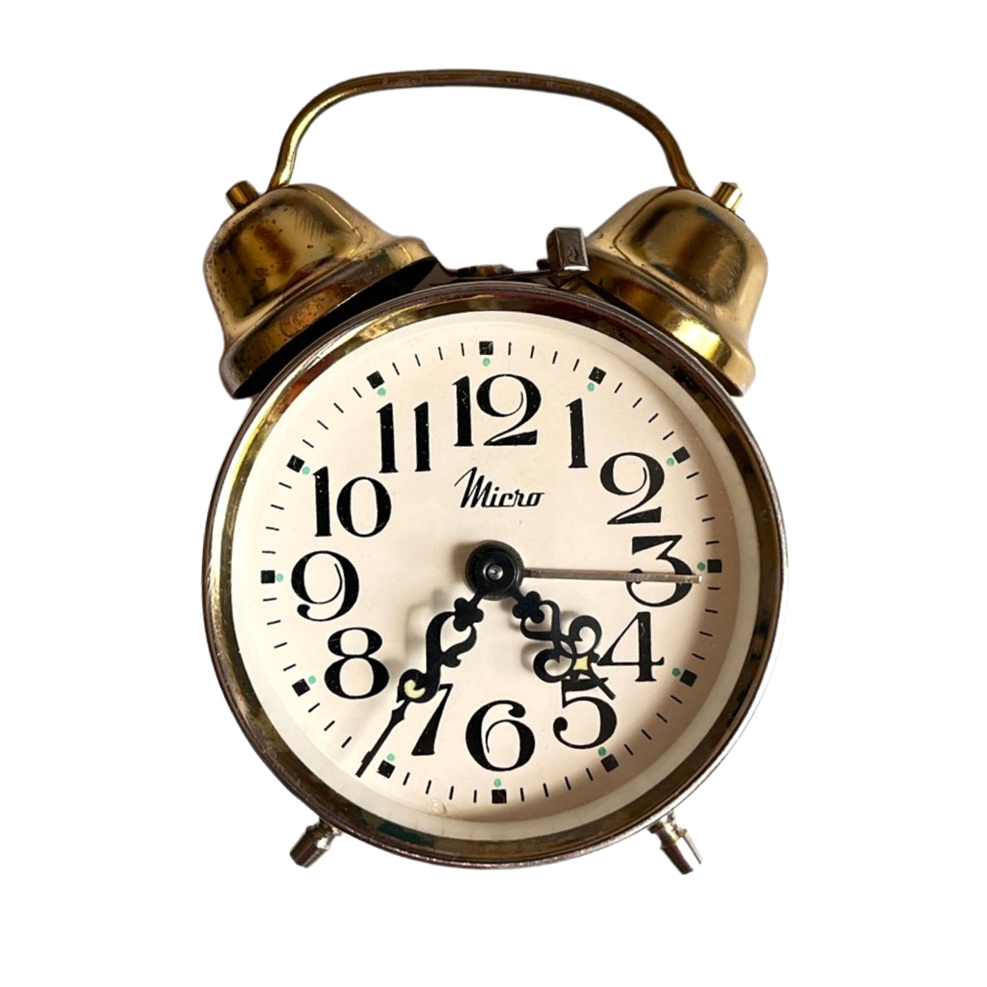 Small wind-up brass alarm clock, Micro, Germany, 1970s