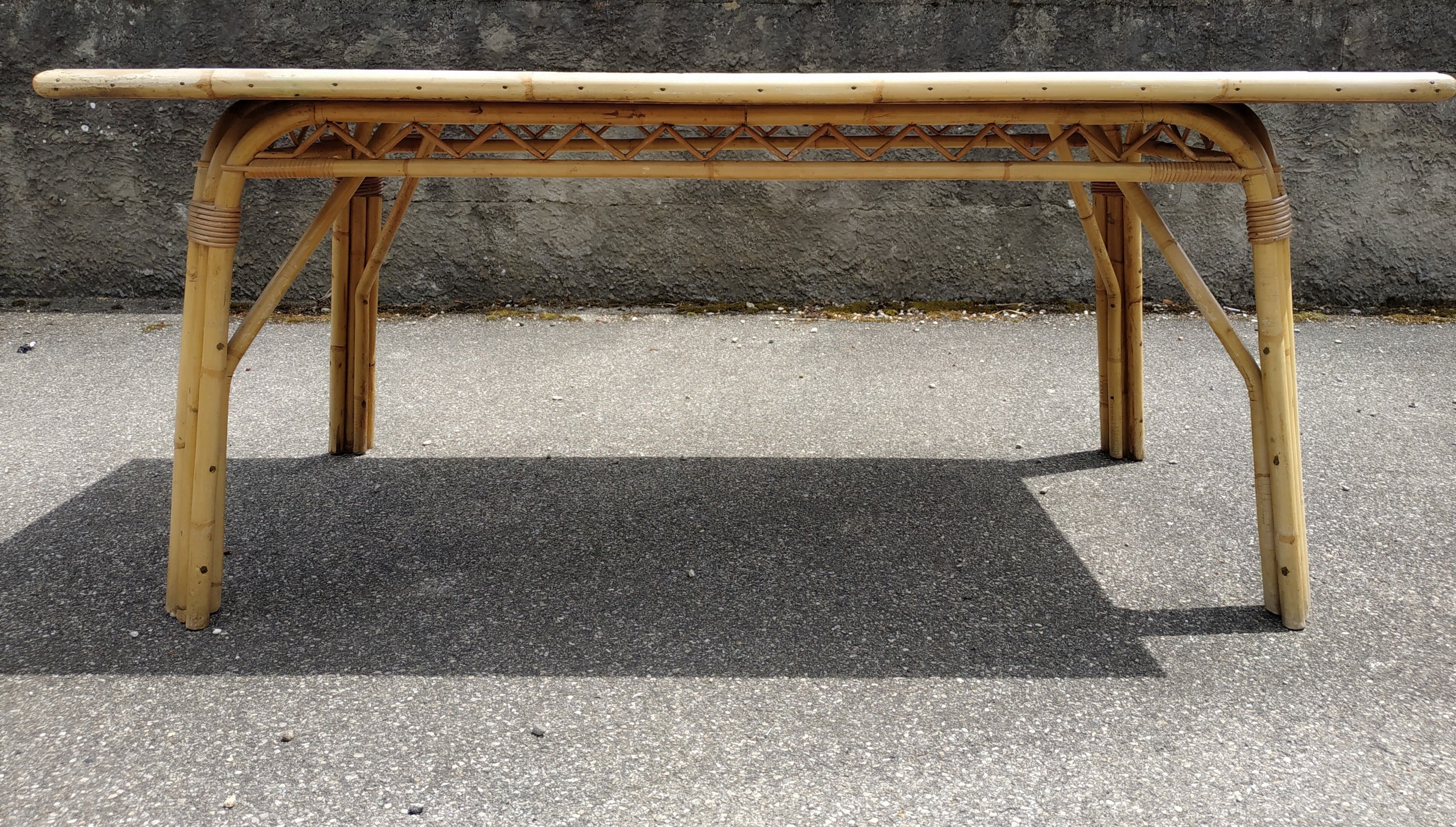 Vintage table in rattan Audoux and Minnet and ceramics Chassin 1950