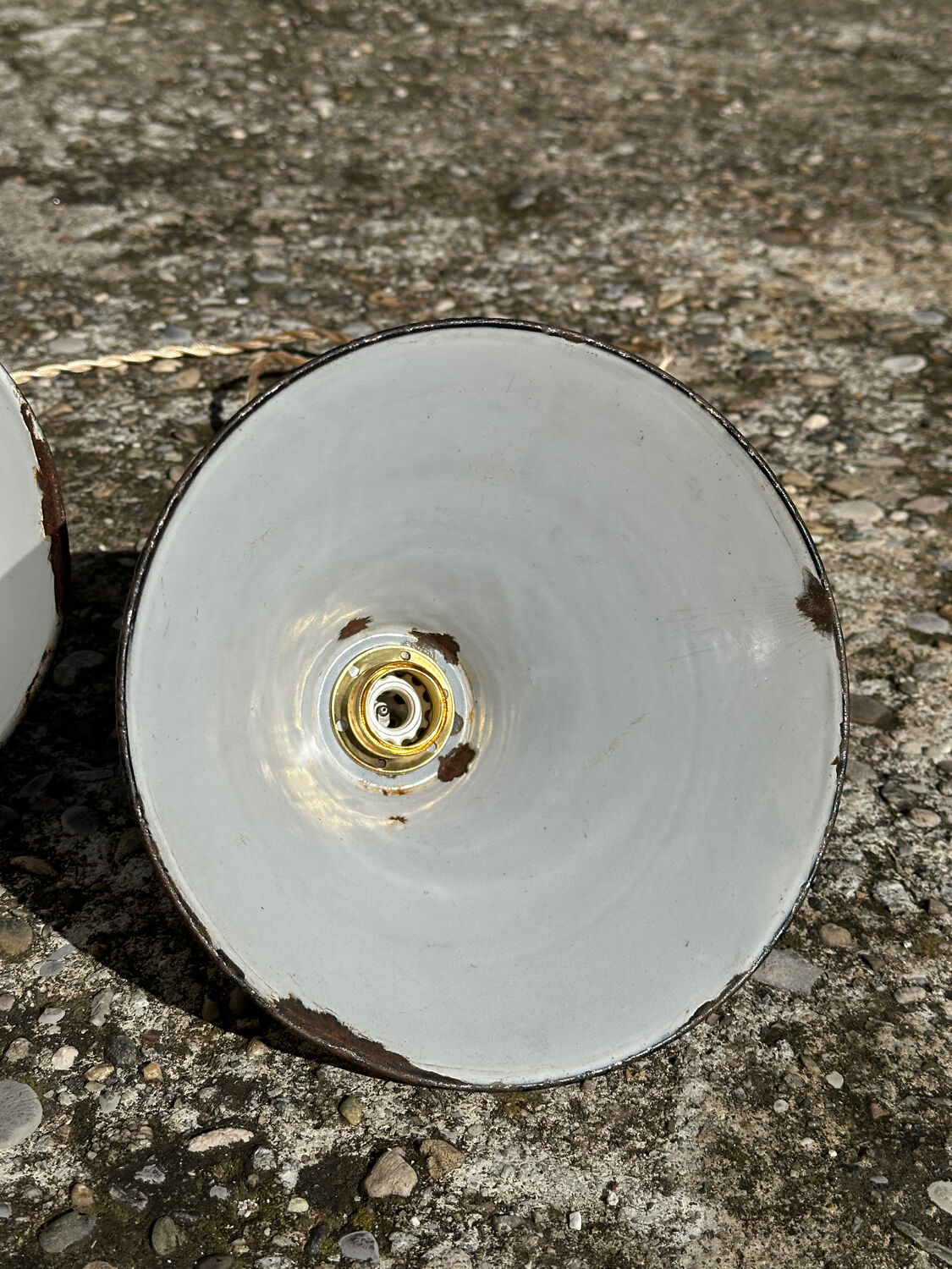 Pair of vintage industrial retro conical enamelled sheet metal pendant lights