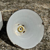 Pair of vintage industrial retro conical enamelled sheet metal pendant lights