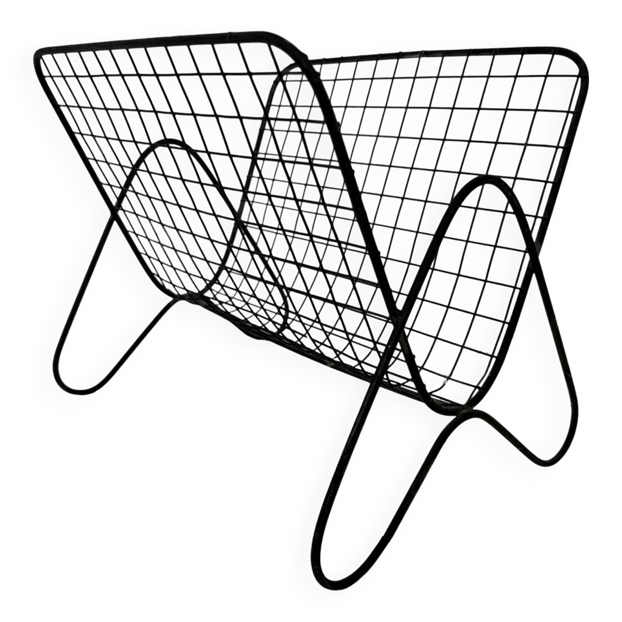 Porte-revues vintage, panier à livres, fil d'acier, métal, design des années 1970