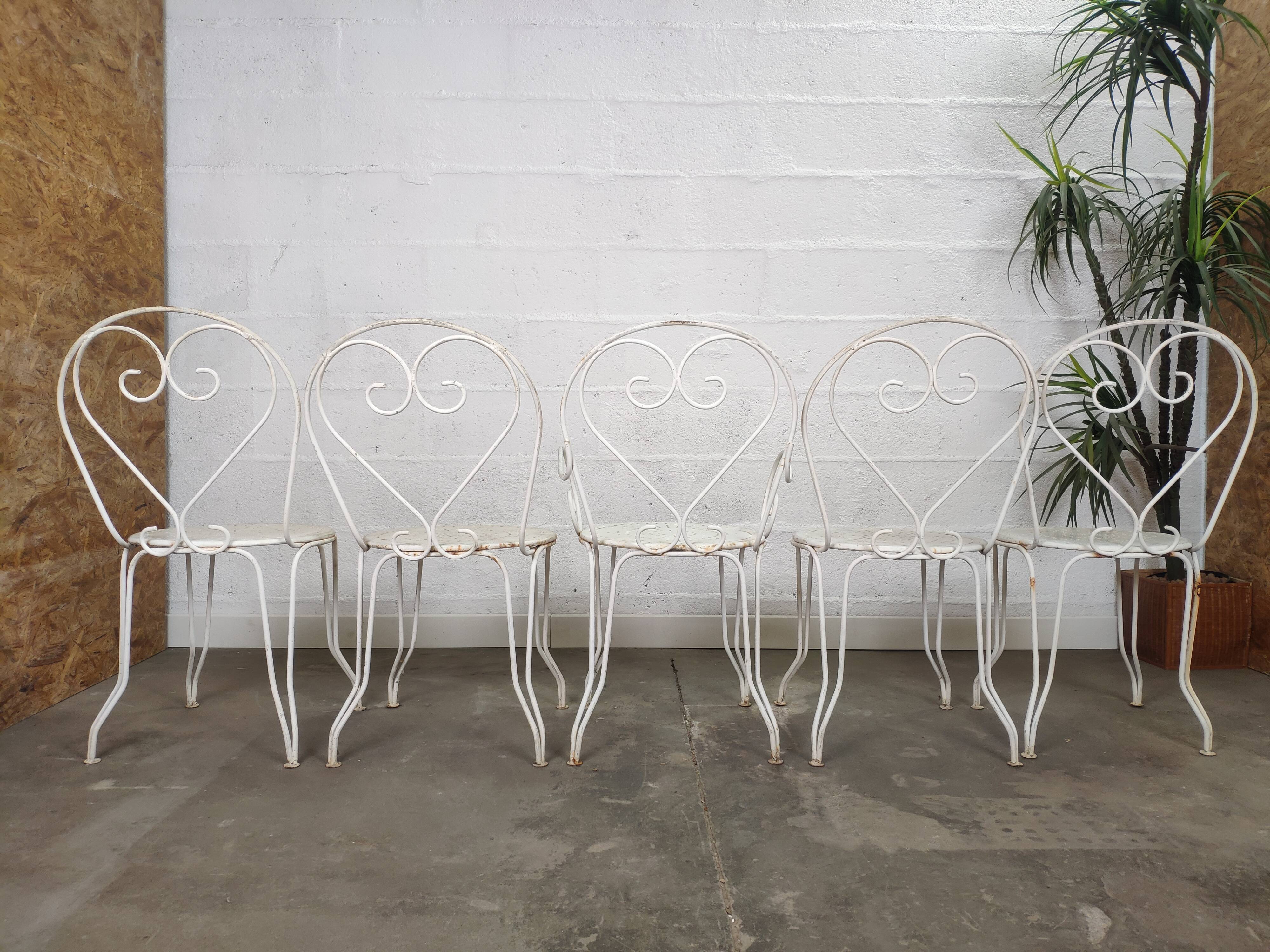 Table de jardin et chaises fer forgé blanc ancien
