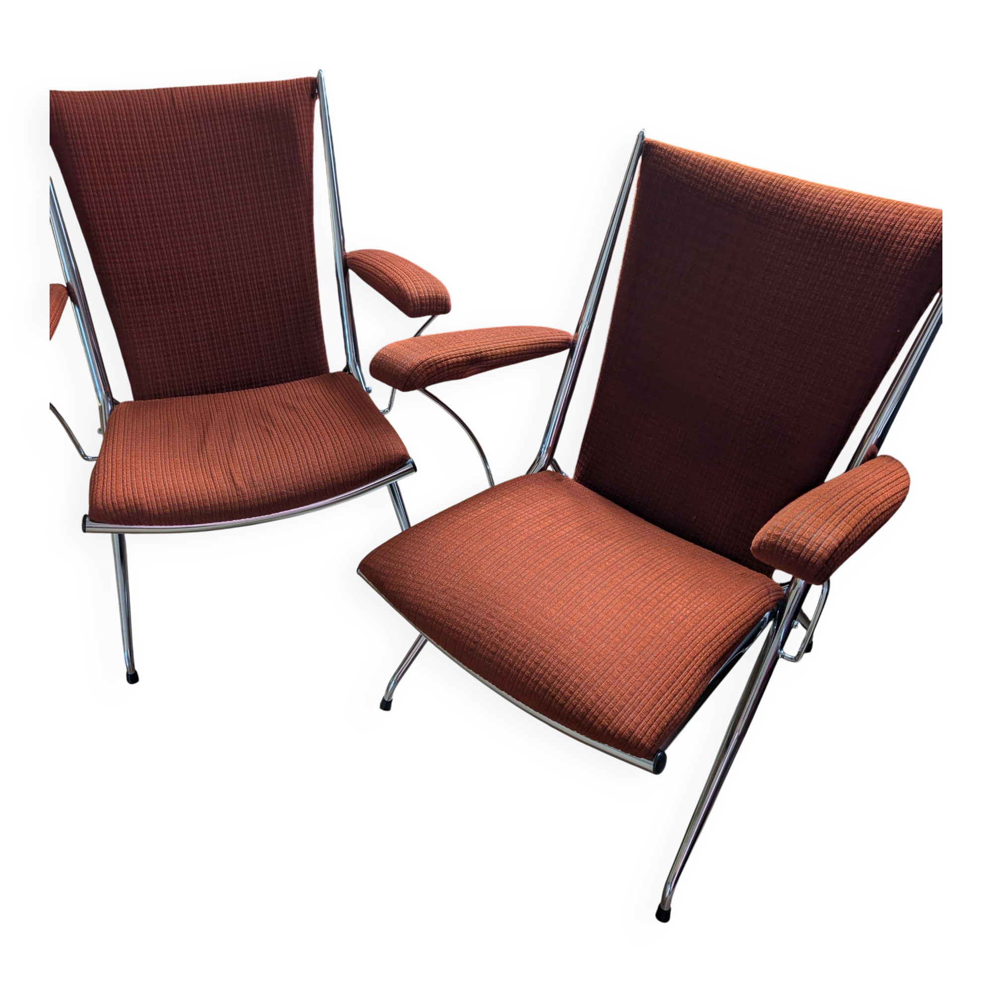 Pair of vintage folding chairs in terracotta fabric.