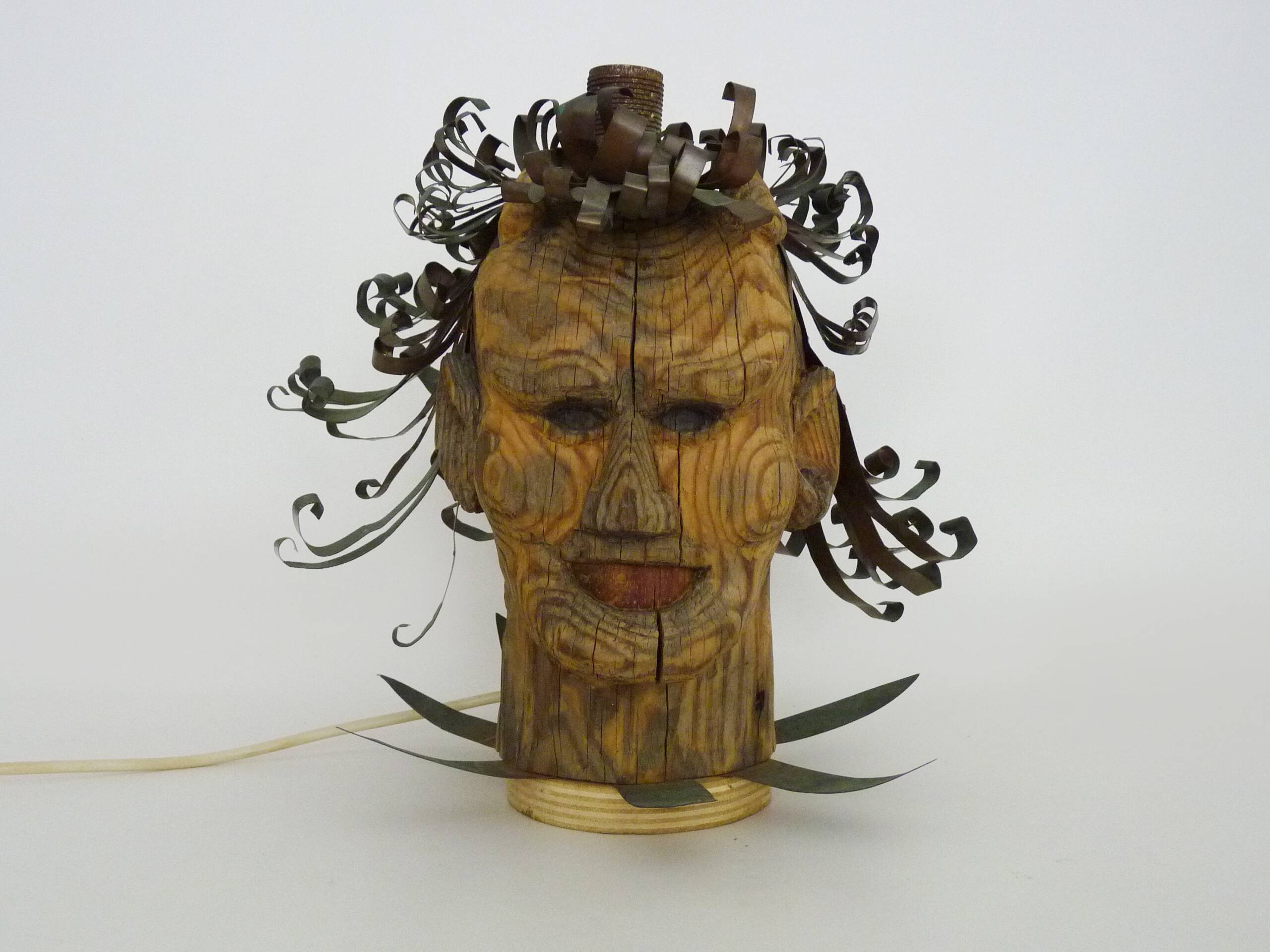 Unique piece. Wooden lamp and metal hair with devil's head "self-portrait"